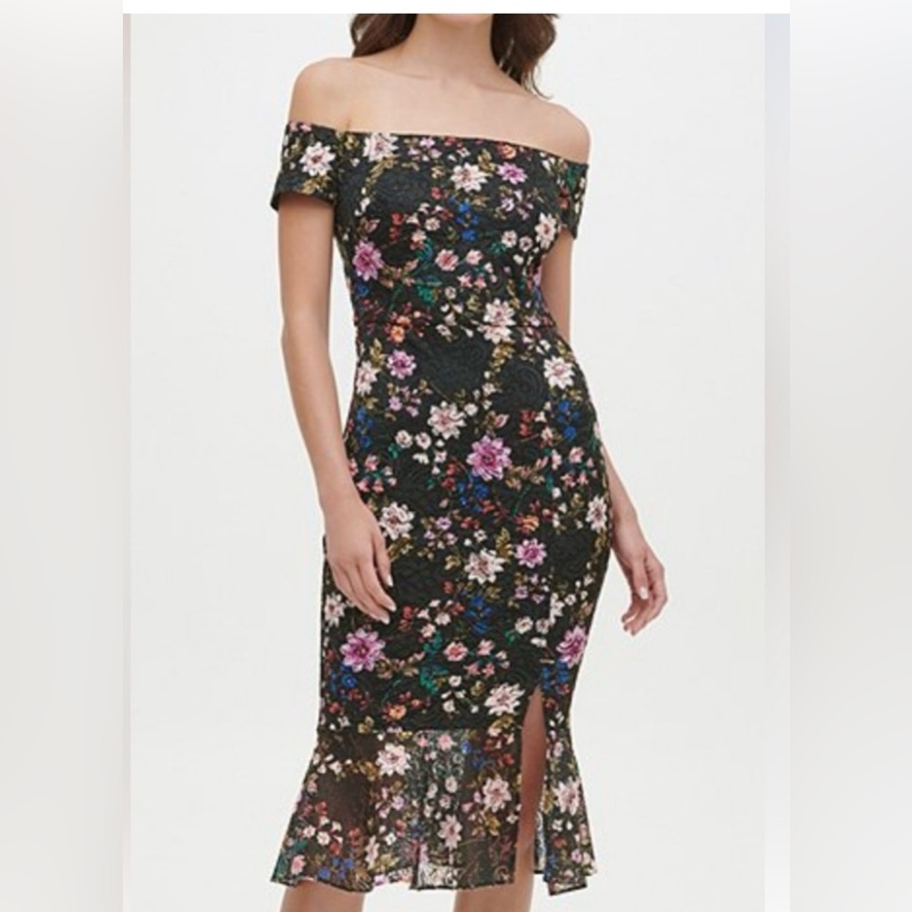 Guess Black Floral Off-Shoulder Midi Dress